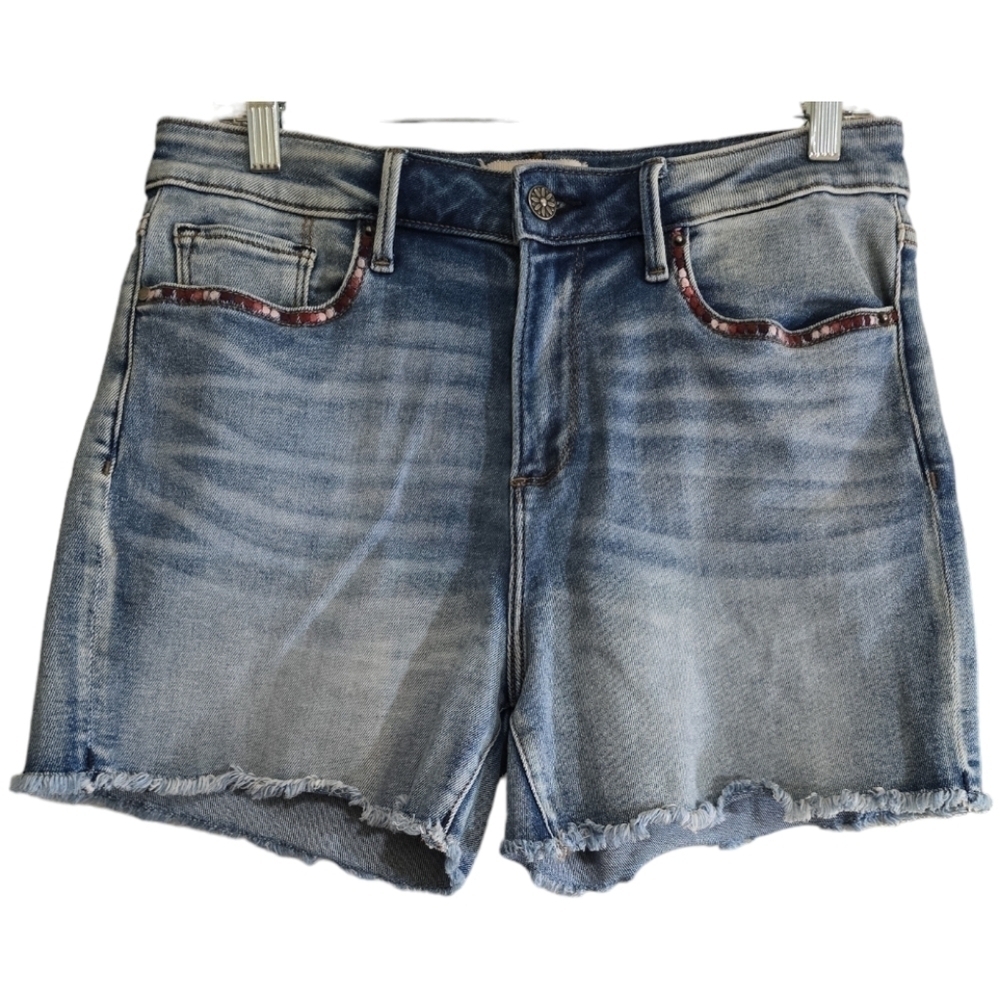 Driftwood Lulu Embroidered Pockets Denim Jean Shorts 28 Raw Hem